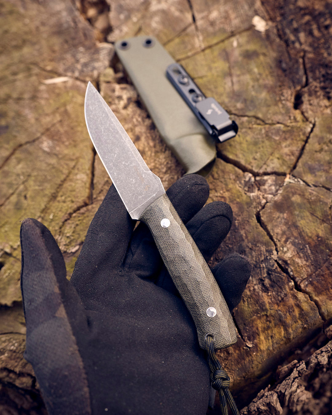 The EDC Knife, D2 steel, olive micarta, kydex.