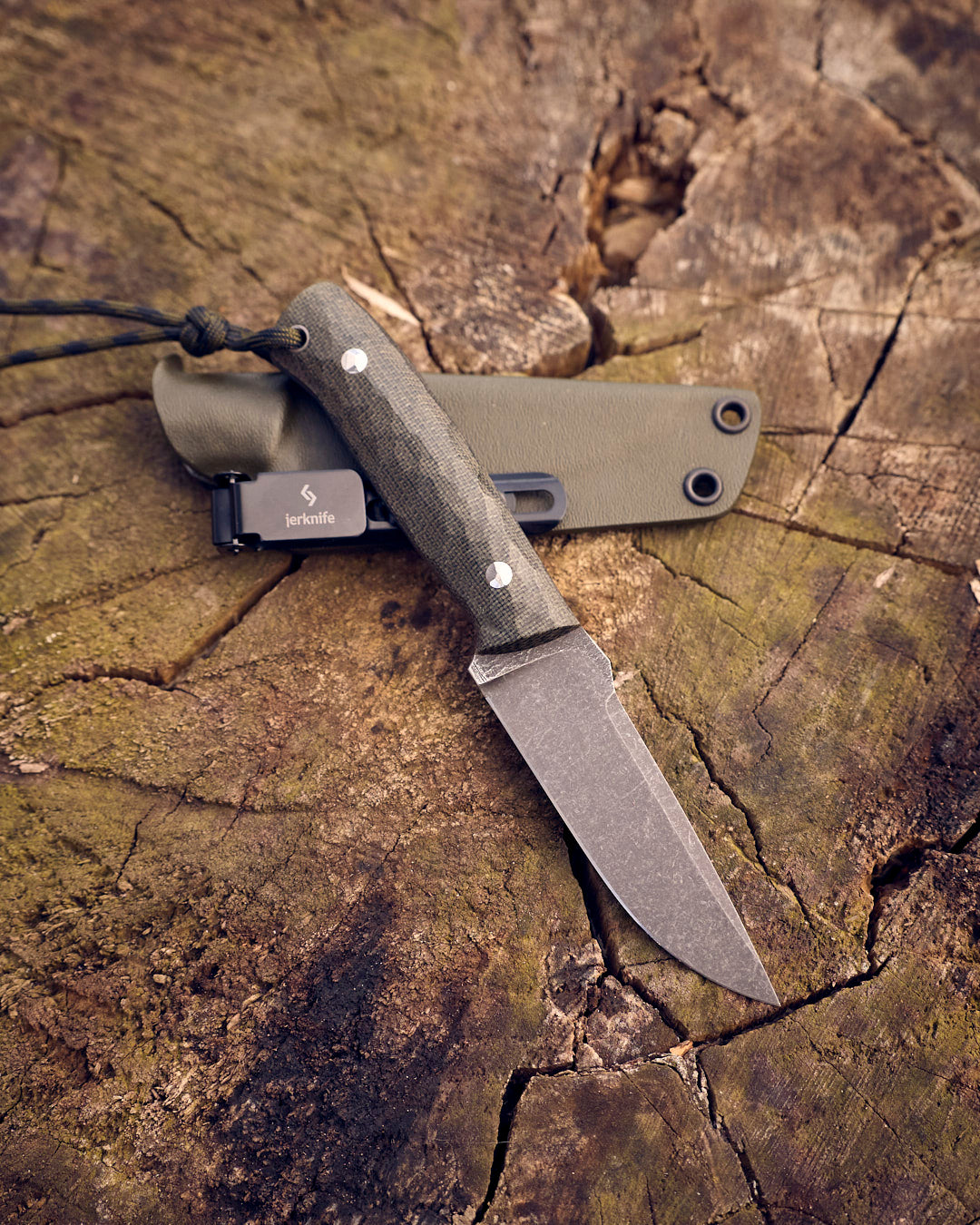 The EDC Knife, D2 steel, olive micarta, kydex. – jerknife