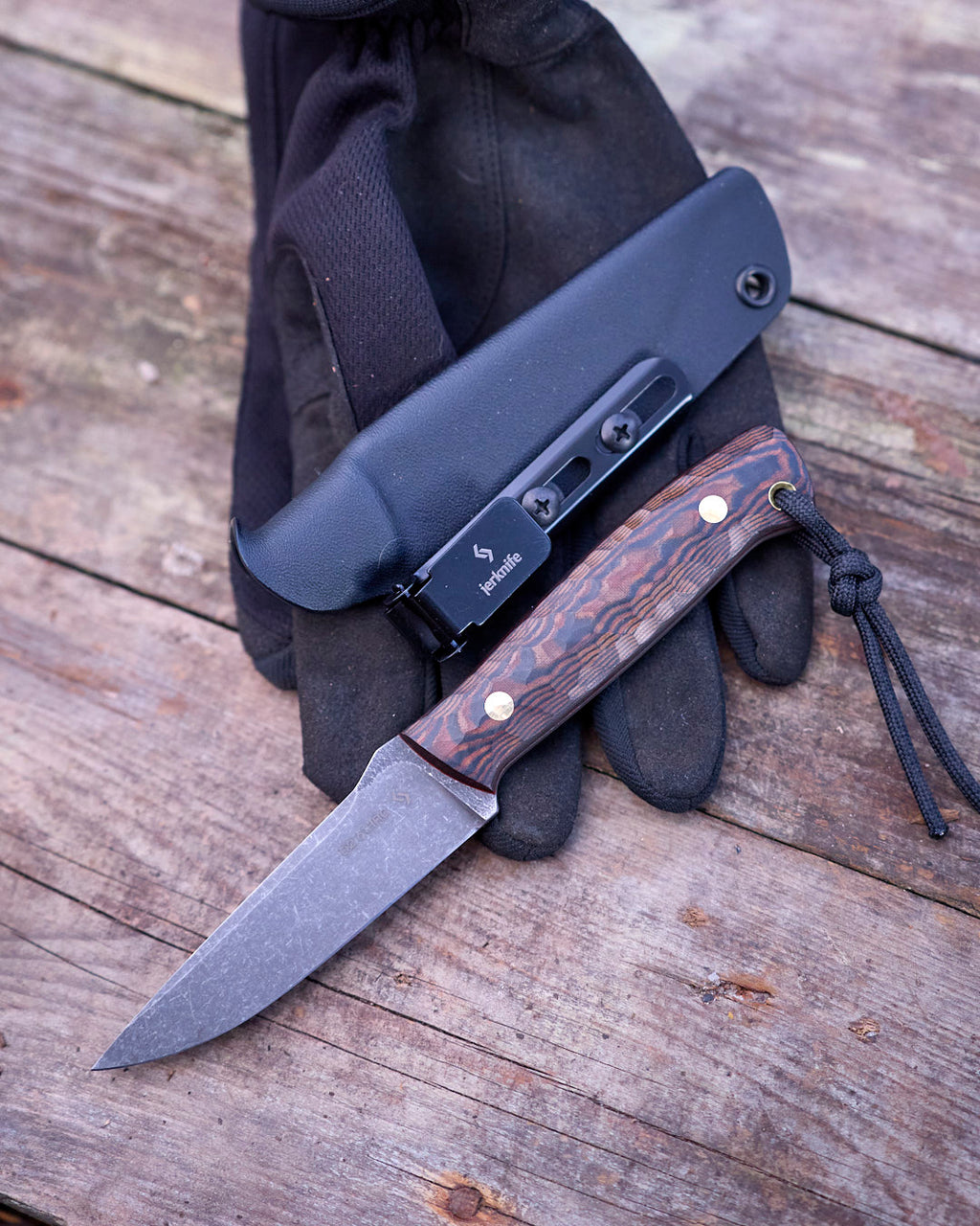 The EDC Knife, D2 steel, terracotta/black micarta, kydex.